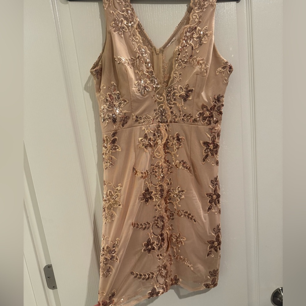 Rose Gold & Nude Mini V-Neck Dress